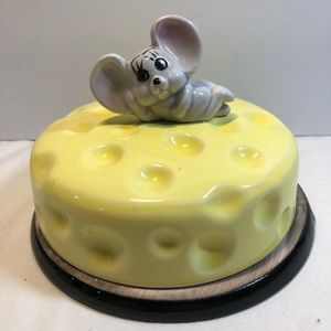 Vintage Covered Cheese Dish - Mouse Reclining on Swiss Cheese lid underplate